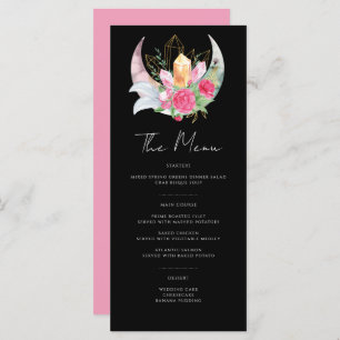 Menu Boho Moon Crystals Plumes rose Fleurs Mariage