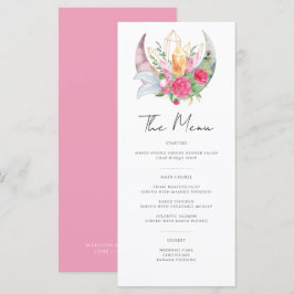 Menu Boho Moon Crystals Plumes rose Fleurs Mariage