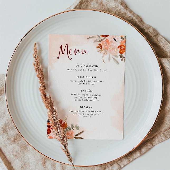Menu Boho orange rustique | Mariage d'aquarelle (Créateur téléchargé)