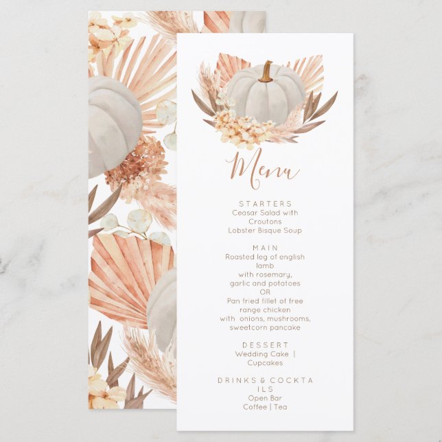 Menu Boho Pampas white Pumpkin fall (Devant / Derrière)