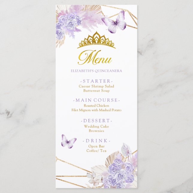 Menu Boho papillon pourpre Floral Princesa Quinceañera (Devant)