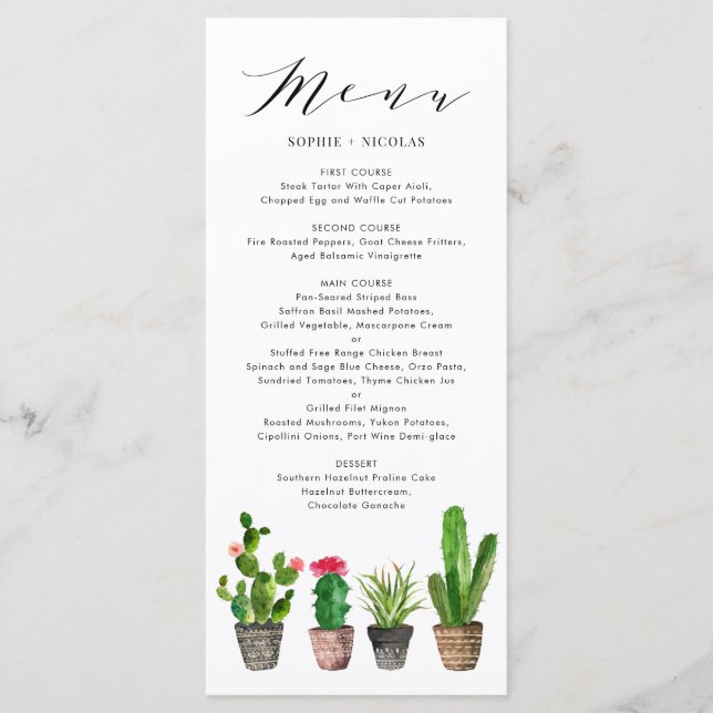 Menu Boho Pot Succulents et Cactus Mariage d'été (Devant)