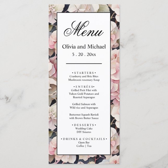 Menu Boho rose aquarelle hydrangée fleurie Mariage (Devant)