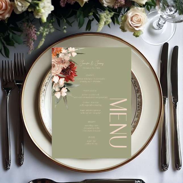 Menu Boho Rust & Neutral Sage Green Fall Floral Mariage (Créateur téléchargé)