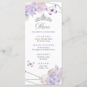 Menu Boho Silver Purple Floral Butterfly Quinceañera