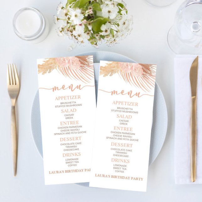 Menu Boho Soft Rose Floral Fleur Anniversaire Fête Nour (Créateur téléchargé)