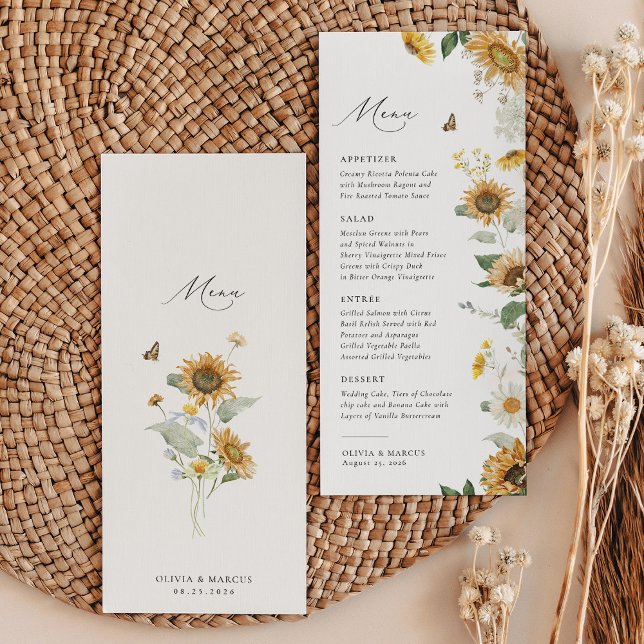 Menu Boho Sunflower Golden Rays Floral Elégant Mariage (Back/Front)