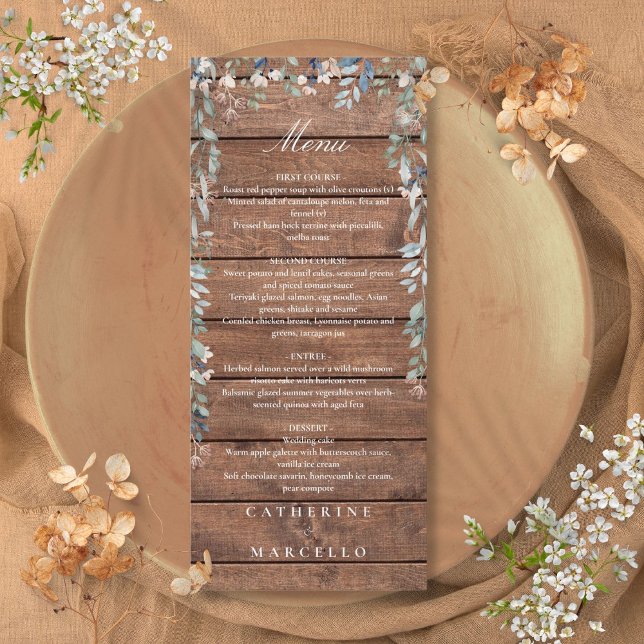 Menu Bois rustique Floral Cascade Monogram Dîner Mariag (Rustic Wood Floral Cascade Monogram Wedding Dinner Menu)