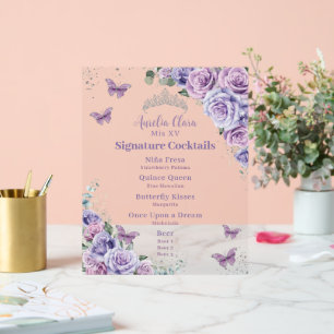 Menu Boisson de Quinceanera Floral Lavender Violet