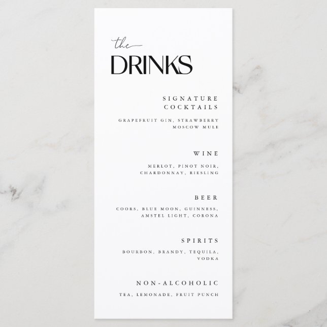 Menu Boissons minimalistes de Mariages blancs (Devant)