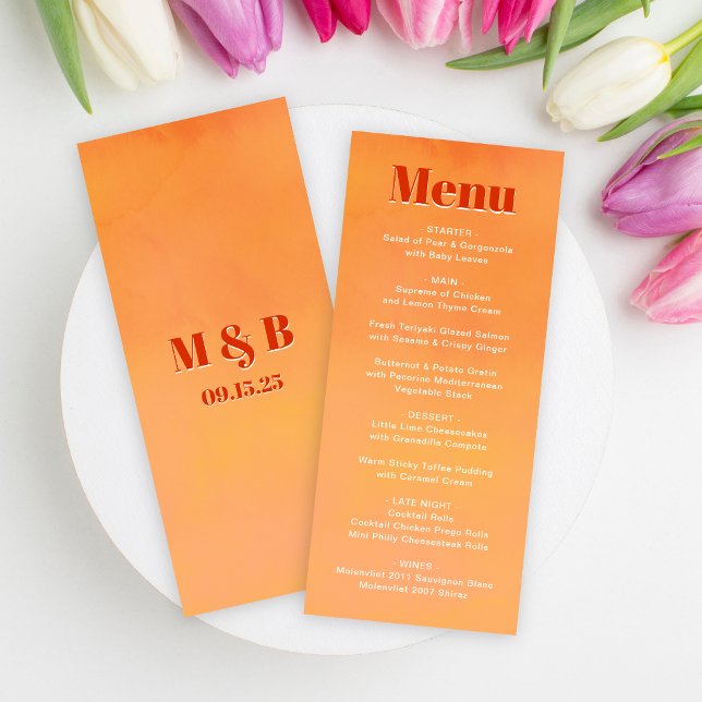 Menu Bold Fun Modern Orange Sunset Monogram Wedding (Créateur téléchargé)