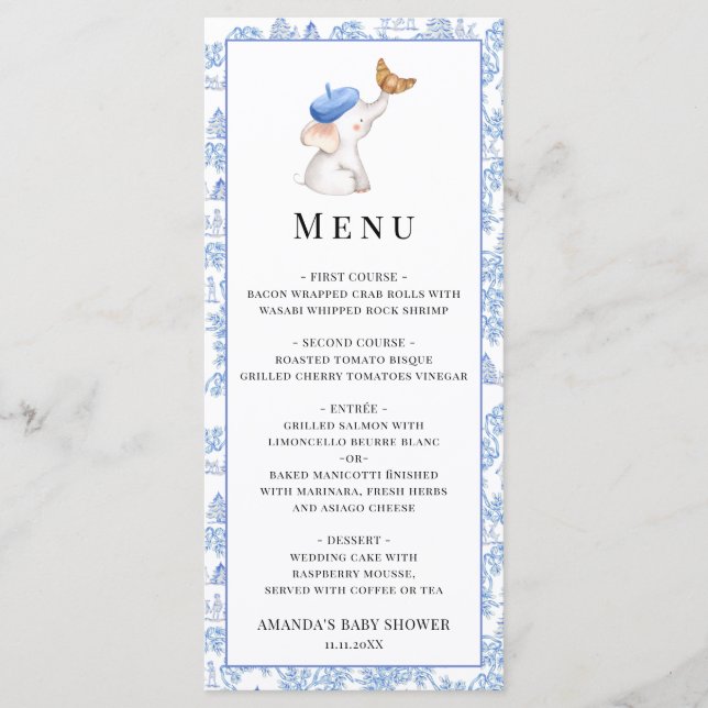 Menu Bonjour Bebe Romantique Française Fille Baby showe (Devant)