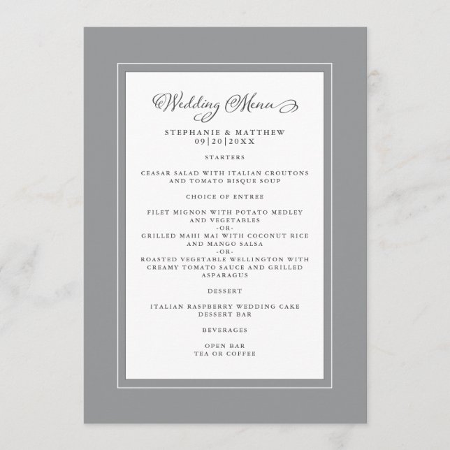 Menu Bordures modernes et chics pour mariage en gris et (Devant)