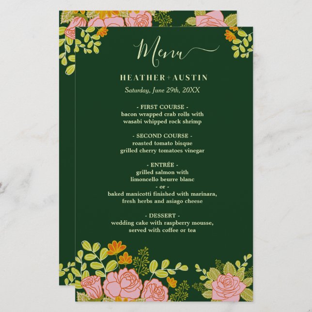 Menu Botanique Floral Dark Green Mariage (Devant / Derrière)