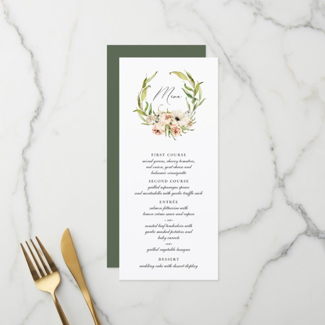 Menü "Botanischer Wald Floral Wreath Calligraphy" Menükarte (Vorderseite/Rückseite Beispiel)