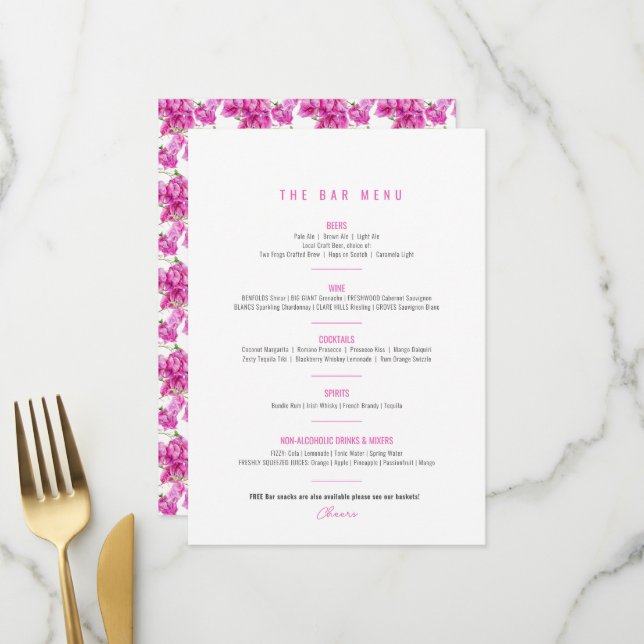 Menu Bougainvillea rose violet aquarelle bar mariage (Devant/Arrière en situation)