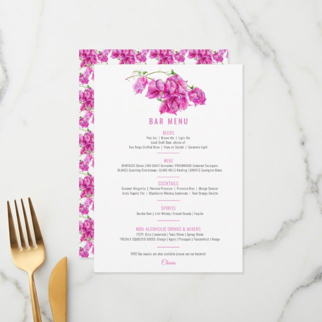 Menu Bougainvillea rose violet mariage (Devant/Arrière en situation)