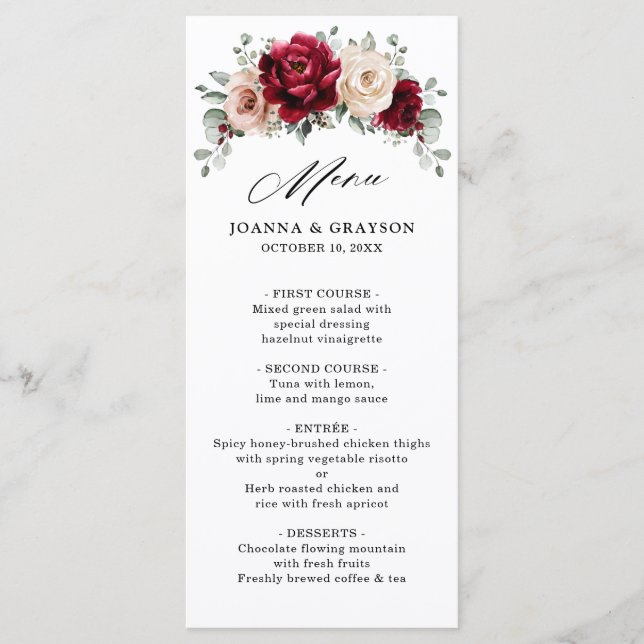 Menu Bourgogne Champagne Ivory Mauve Rose Floral Mariag (Devant)