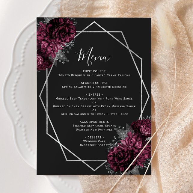 Menu Bourgogne Floral Argent Mariage noir géométrique (Créateur téléchargé)