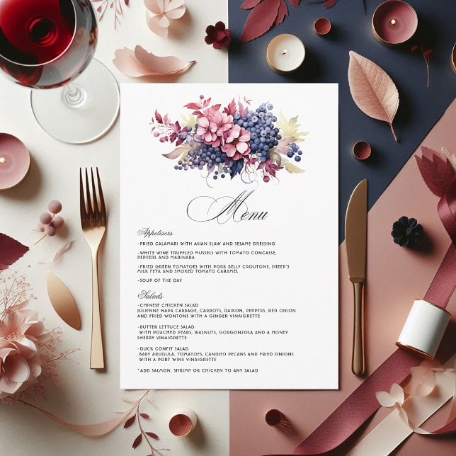 Menu Bourgogne, Marine & Blush Vin Dégustation Florale  (Burgundy, Navy and Blush Wine Tasting Floral Wedding Menu)