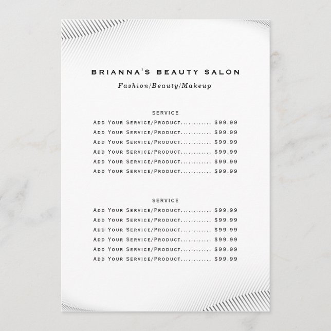 Menu Boutique de luxe Boutique Business Price List (Devant)