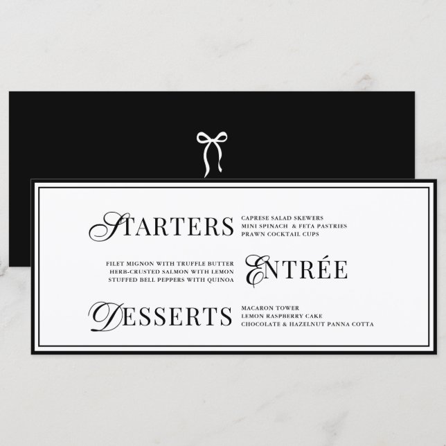 Menu Bow Classic Old Money Black  & White Wedding (Devant / Derrière)