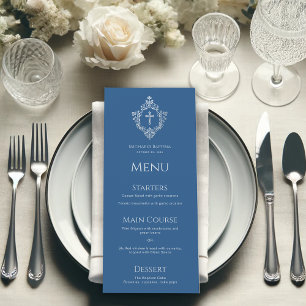 Menu Boy Baptism Classic Blue Crest Vintage Élégant