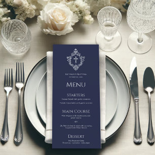 Menu Boy Baptism Marine Croix Bleue Crête Vintage Éléga