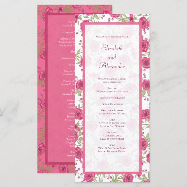 Menu Bright Pink Rose Wedding Programs (Devant / Derrière)