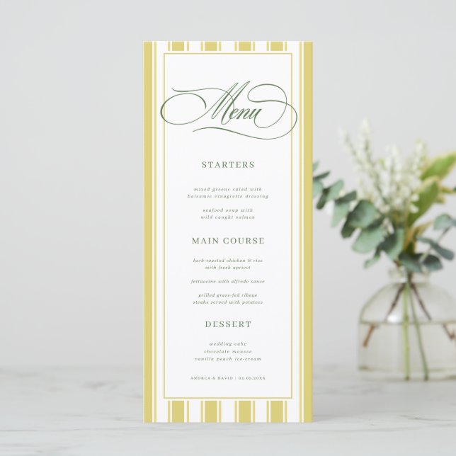 Menu Bright Yellow Green Zesty Stripes Classic Wedding (Debout devant)