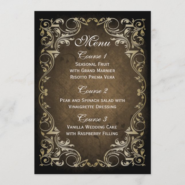 Menu Brown Ornemental Rustique Regal Et Mariage Or (Devant)