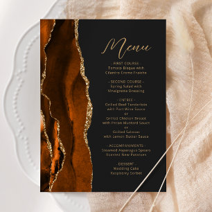 Menu Brûlé Orange Or Agate moderne Script Mariage foncé