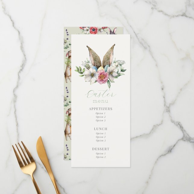 Menu Brunch de Pâques de Lapin Floral (Devant/Arrière en situation)
