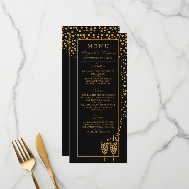 Menu Bulles de Champagne d'or - Noir & Or - Mariage (Devant/Arrière en situation)