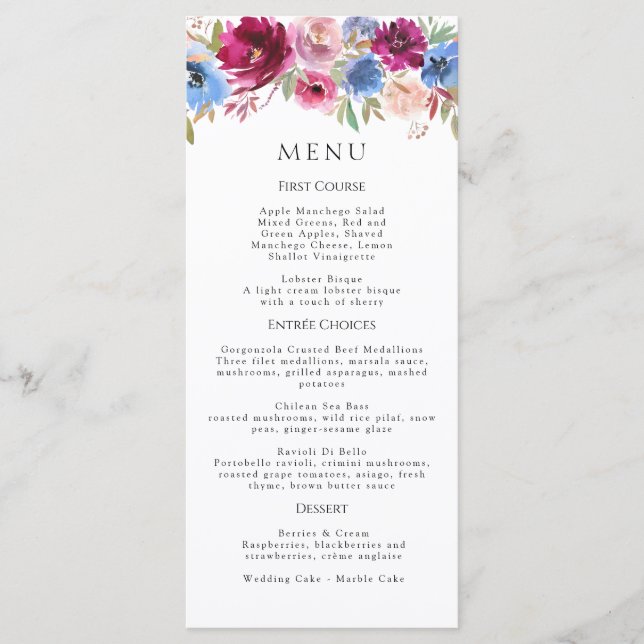 Menu Burgundy Blush Dusty Bleu Élégant Floral (Devant)