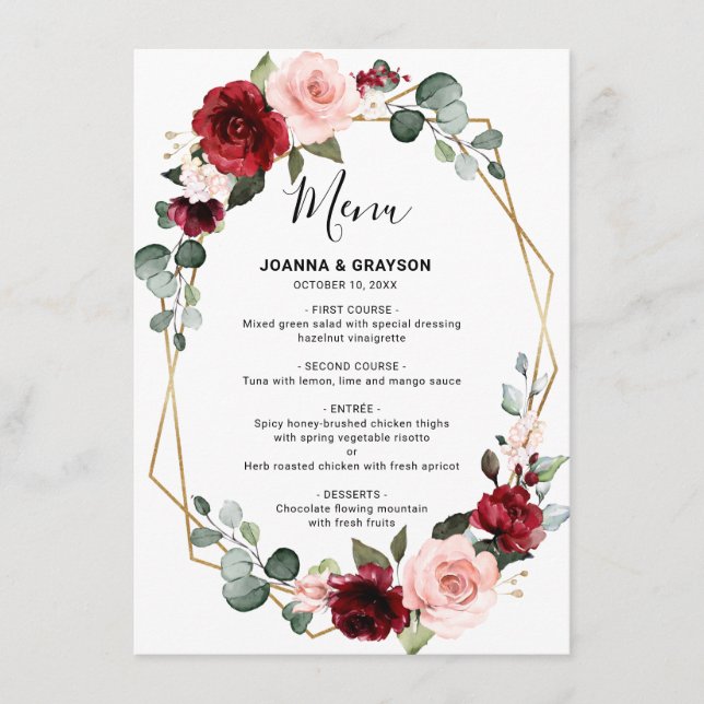 Menu Burgundy Blush Floral moderne Mariage géométrique (Devant)