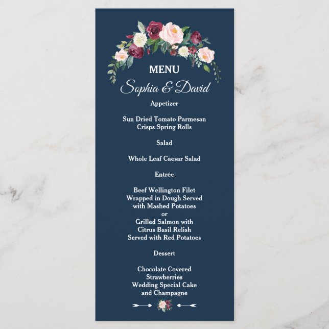 Menu Burgundy Blush Floral Navy Blue Floral Mariage (Devant)