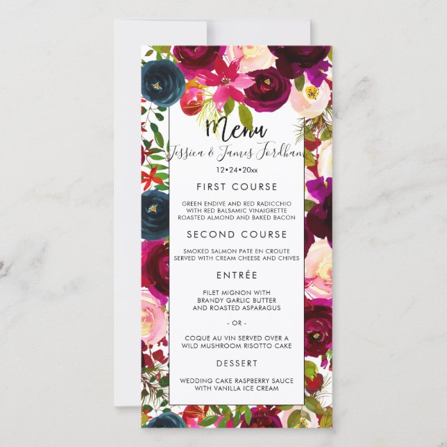Menu Burgundy, Blush+Navy Carte Fleurs Aquarelles (Devant)