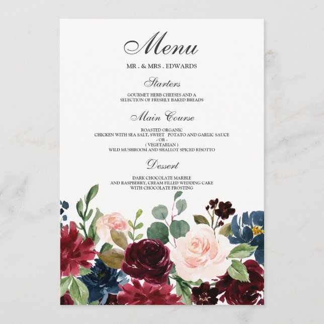 Menu Burgundy Blush Rouge Vins Fleurs Mariage moderne (Devant)