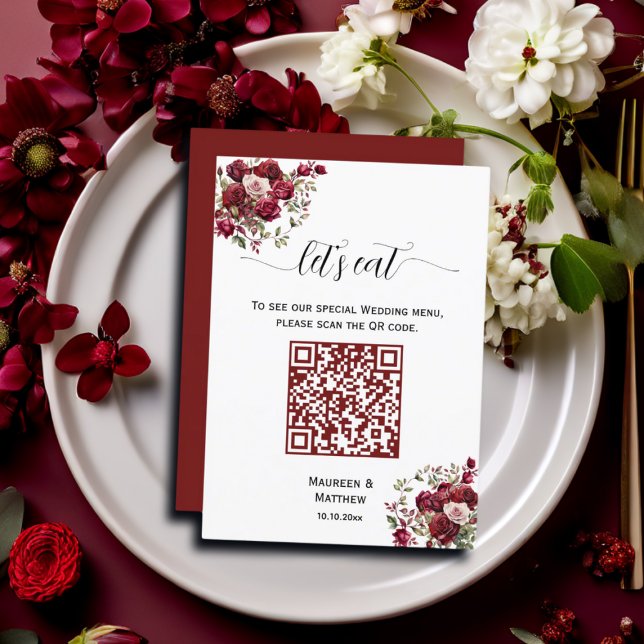Menu Burgundy Floral Moderne Script QR Code Mariage Men (Créateur téléchargé)