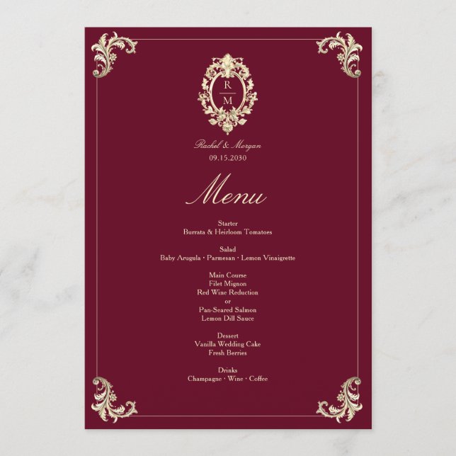 Menu Burgundy Gold Baroque Wedding Reception (Devant)