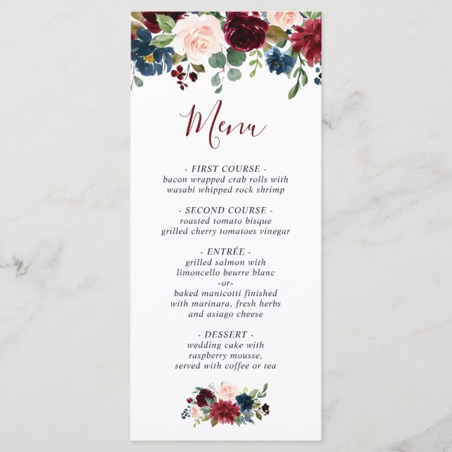 Menu Burgundy Navy Blue Blush Floral Mariage (Devant)