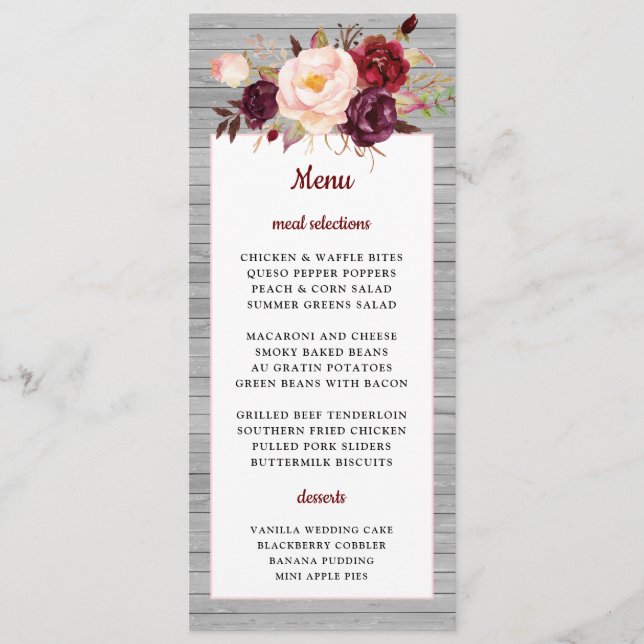 Menu Burgundy Rouge Floral Rustique rose Mariage fronti (Devant)