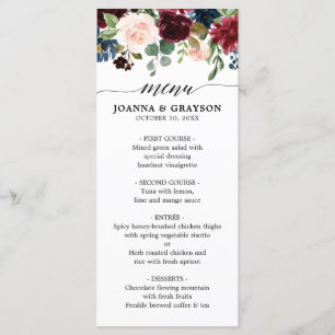 Menu Burgundy Rouge Marine Bleu Aquarelle Florale Boho