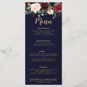 Menu Burgundy Rouge Marine Bleu Aquarelle Florale Boho