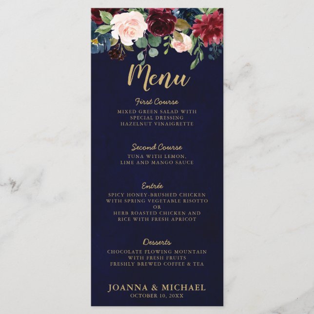 Menu Burgundy Rouge Marine Bleu Aquarelle Florale Boho (Devant)