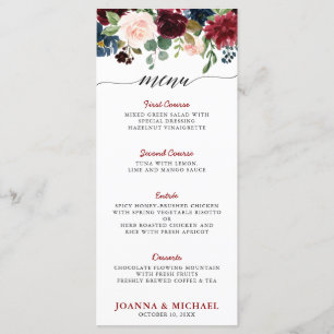 Menu Burgundy Rouge Marine Bleu Aquarelle Florale Boho