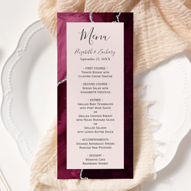 Menu Burgundy Silver Agate Blush Pink Wedding (Créateur téléchargé)