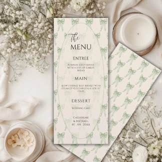 Menu Cadre de nœud ruban vert Mariage élégant