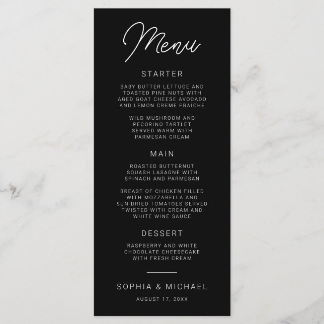 Menu Calligraphie Joueuse moderne Mariage noir blanc (Devant)
